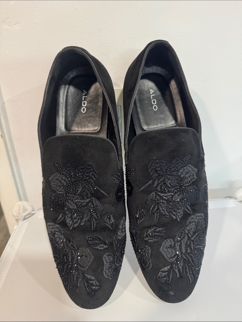 ALDO Black Suede Embroidered Slip-On Loafers
